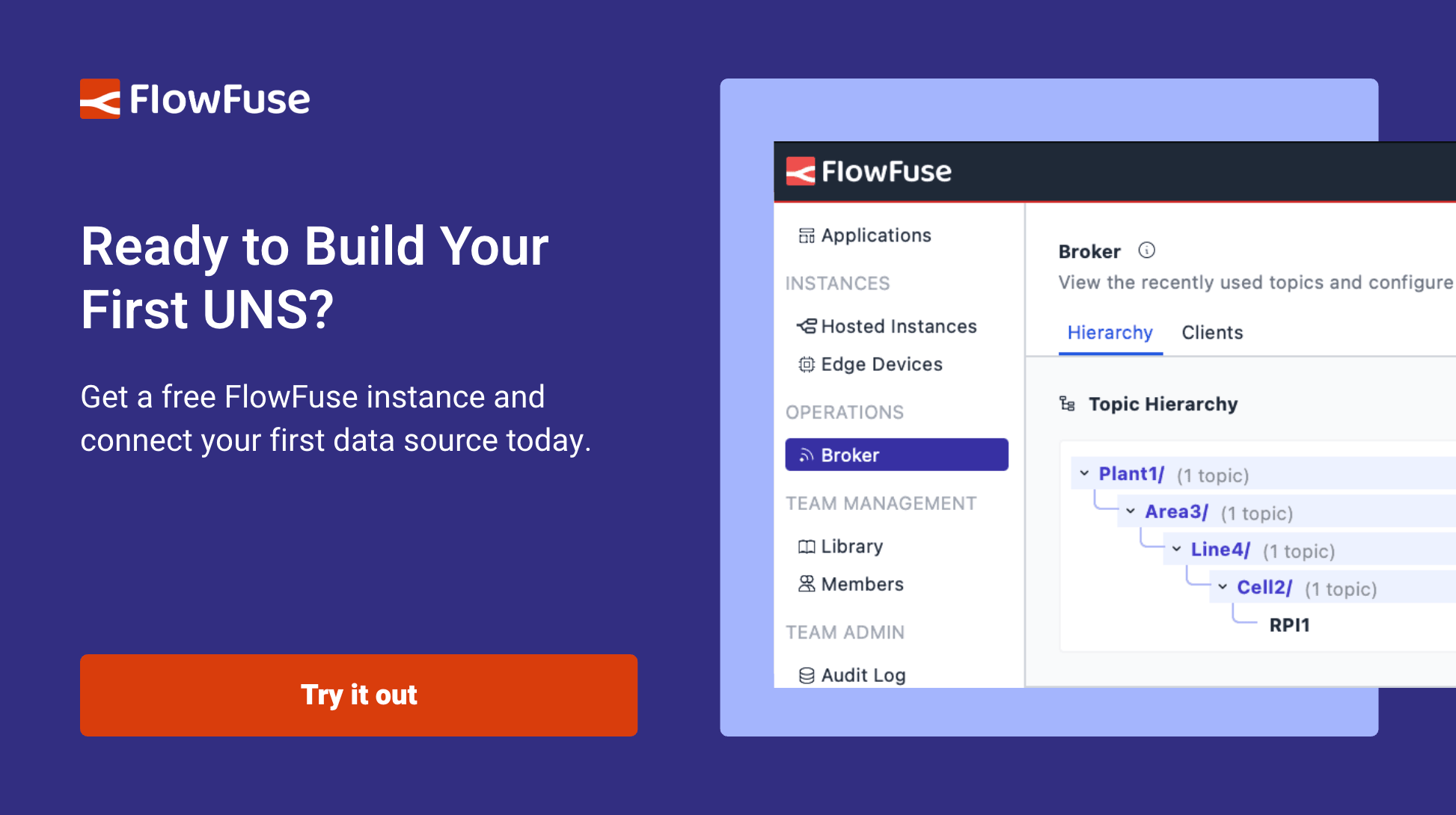 Get a free FlowFuse instance and connect your first data source to a Unified Namespace today