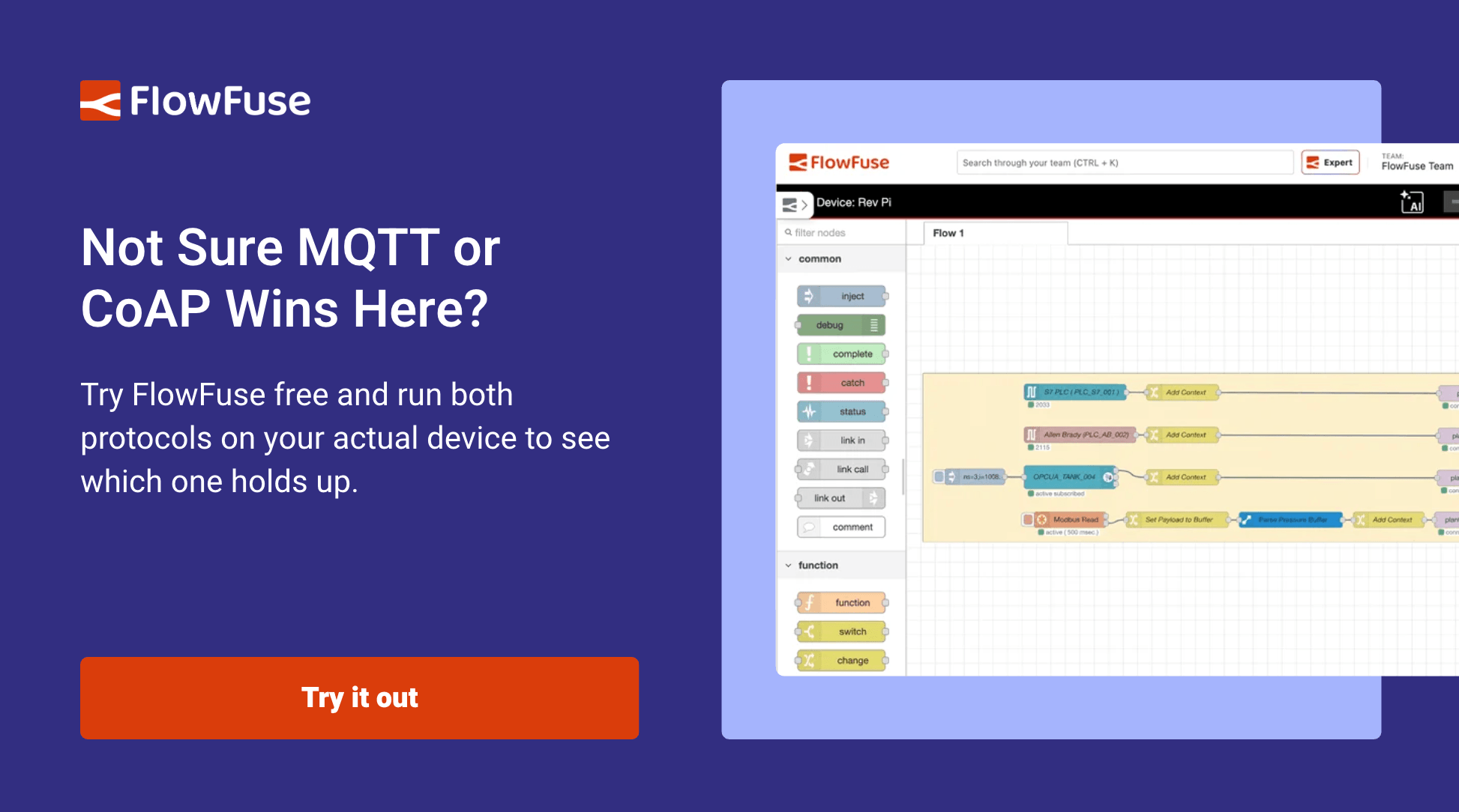 Try FlowFuse free and test MQTT and CoAP against real traffic on the same edge device